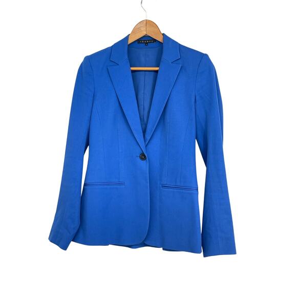 Theory Rayon Blend Fitted Blue Blazer Size 0 Preppy Work Career Wear Capsule - Picture 1 of 6